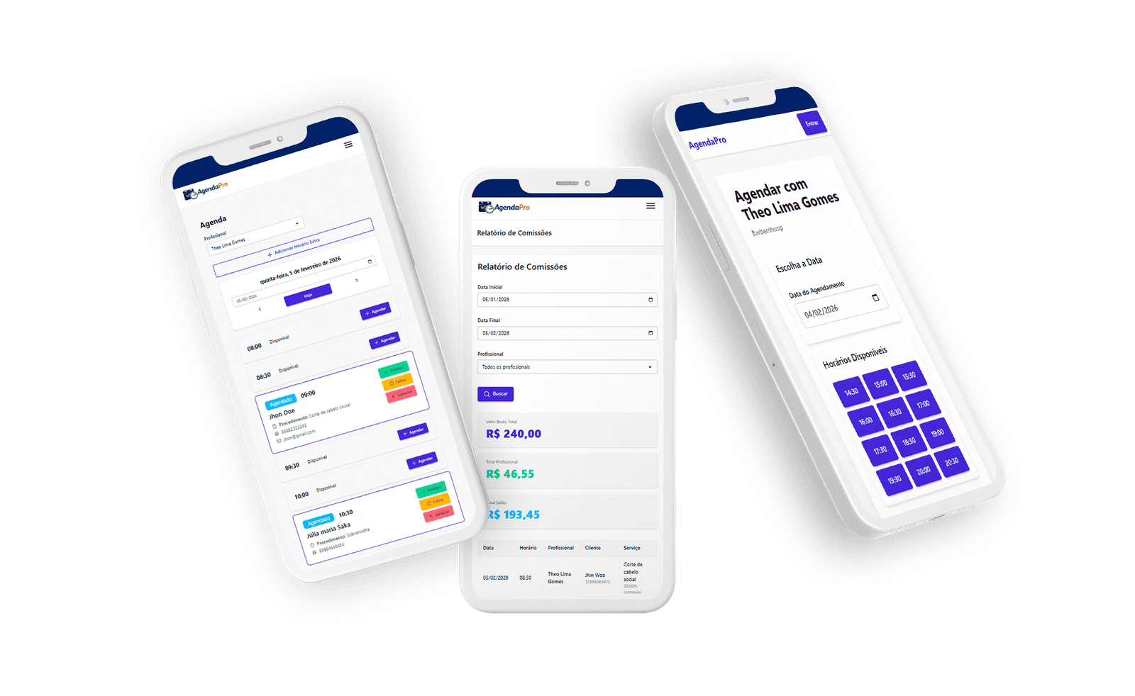 Interface do sistema AgendaPro mostrando calendário e agendamentos